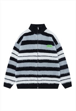 Fluffy track top striped zip up jumper raised neck pullover 