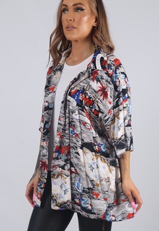 VINTAGE 90'S SHIRT OVERSIZED PATTERNED PRINT HAWAIIAN (C3D)