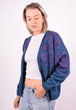 WOMENS VINTAGE CARDIGAN SWEATER LARGE BLUE 90'S