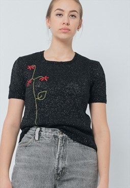 Vintage 70s Boxy Short Sleeve Knit Top Floral Embroidery