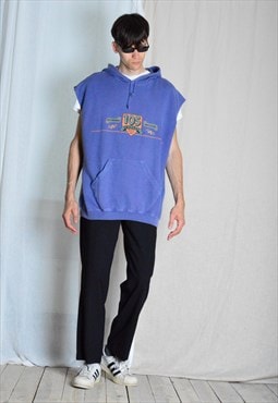 Vintage 80s Faded Blue Purple Graphic Hoodie Sweatshirt Vest