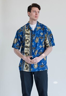 Vintage 90s Funky Shell Pattern Blue Cotton Men Shirt XL