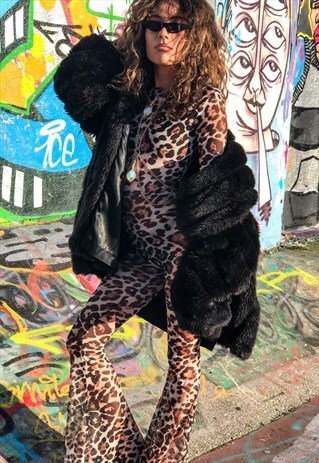 BEBE LEOPARD PRINT FLARE JUMPSUIT