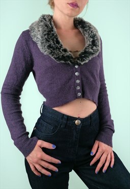 Y2K Crop Cardigan Knit Faux Fur Collar Jewel Buttons Purple