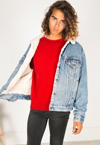 VINTAGE 80S LEVI'S SHEEPSKIN DENIM JACKET LIGHT WASH / 1200