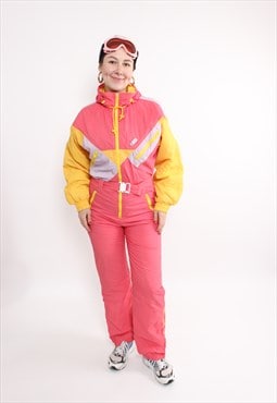 80s K-way one piece ski suit, vintage pinky snowsuit