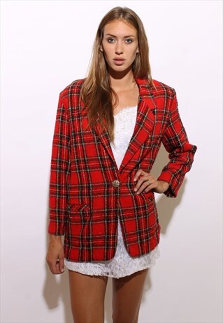 VINTAGE 1980'S 80'S RED PLAID BLAZER TARTAN JACKET M-L