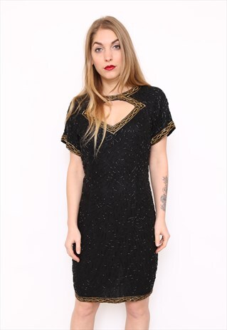 VINTAGE 80S SILK SEQUIN BEAD EMBELLISHED PARTY DRESS