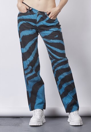VINTAGE Y2K CAVALLI BLACK/BLUE ZEBRA PRINT STRAIGHT JEANS