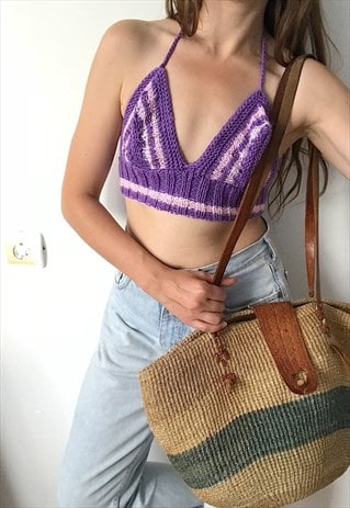 VINTAGE 70S FESTIVAL JAZZY CROCHET KNITTED BRALET HALTER TOP