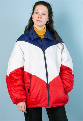 VINTAGE 1980'S SKI COAT JACKET RED, WHITE AND BLUE STRIPES