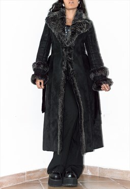 Vintage Y2k Belted Black Long Fluffy Faux Fur Afghan Coat