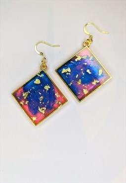 Pink, Purple & Blue Gold Leaf Festival Dangle Earrings