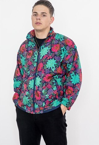 90S VINTAGE FLOWER PATTERN PRINT BOMBER JACKET