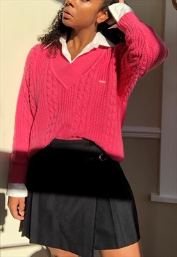 Vintage 80's bright pink cable knit V neck jumper.