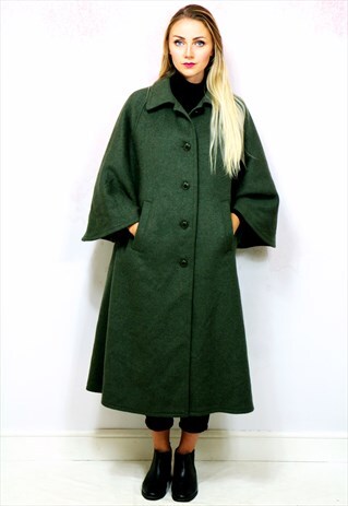 1970S VINTAGE BOTTLE GREEN BAT WING SOFT WOOL COAT