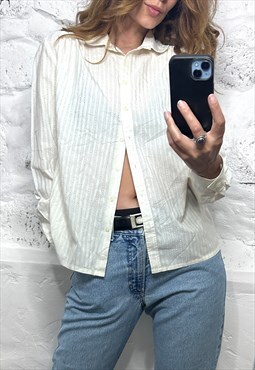 Vintage Ivory Retro Elegant Glossy Shirt / Blouse - Large 