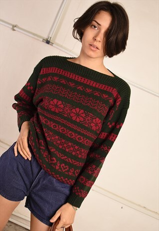 80'S RETRO FAIR ISLE PATTERN KNIT PARIS CHIC WOOL JUMPER