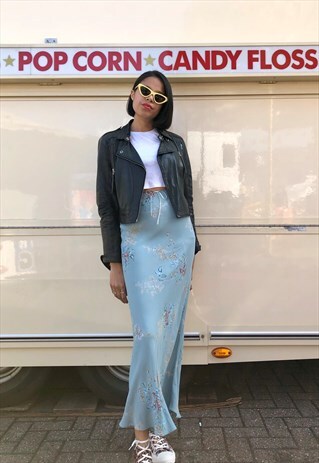 VINTAGE 90S BLUE FLORAL MIDI SLIP SKIRT