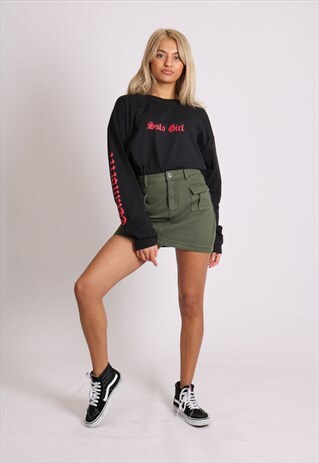 LIQUOR N POKER MILITARY POCKET DENIM SKIRT IN KHAKI
