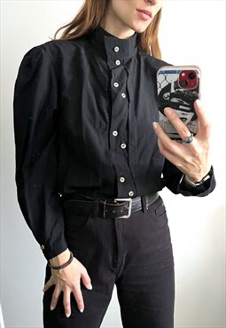 Black Victorian Goth Fatale Buttoned Top Blouse Shirt M L