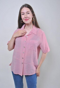 Vintage pink minimalist blouse, retro short sleeve shirt