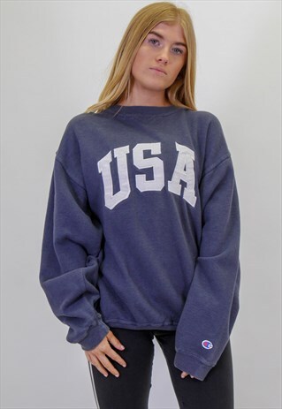 VINTAGE CHAMPION USA EMBROIDERED JUMPER IN BLUE LARGE
