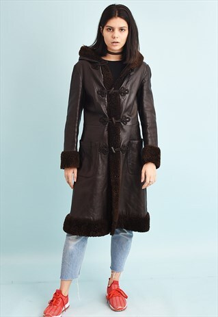 VINTAGE 70'S RETRO FAUX LEATHER LONG FAUX FUR DETAILED COAT