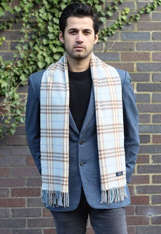VINTAGE CASHMERE CHECKED SCARF BLUE-AS105