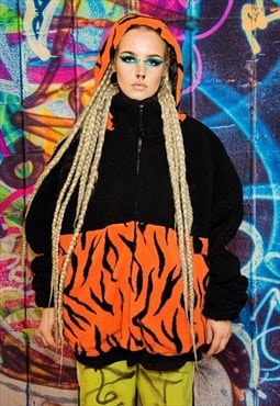 Tattoo fleece hood jacket handmade fluffy zebra bomber black