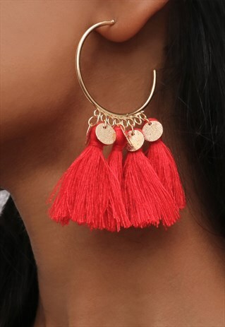 RED TASSEL HOOP EARRINGS