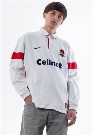 VINTAGE NIKE ENGLAND RUGBY POLO SHIRT 90S WHITE LONG SLEEVE