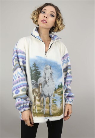 VINTAGE 90S OVERSIZED 1/4 ZIP HORSE PATTERNED FLEECE