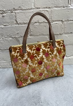 1950s Floral Chenille Fabric & Leather Handbag