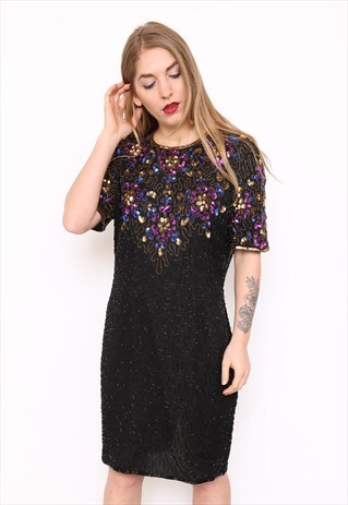 VINTAGE 80S SILK SEQUIN BEAD EMBELLISHED PARTY DRESS