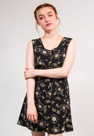 VINTAGE 90'S BLACK FLORAL PATTERN BUTTON DOWN MINI DRESS