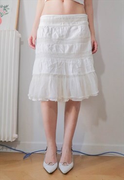 Vintage Milkmaid Cottage Ballet White Lace Flared Midi Skirt