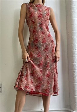 Vintage 90s Mesh Boat Neck Floral Midi Dress Pink Red