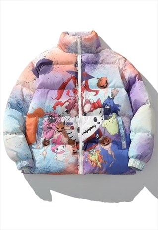 ANIME BOMBER HELLO KITTY PUFFER JACKET IN GRADIENT RAINBOW