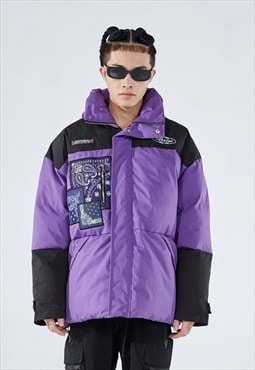 Paisley patch bomber jacket bandanna print puffer in purple