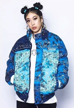 Gradient paisley puffer jacket tie-dye bandana bomber Blue