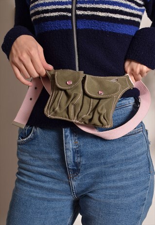 VINTAGE 90S BUM BAG FANNY PACK IN GREEN KHAKI PINK CANVAS