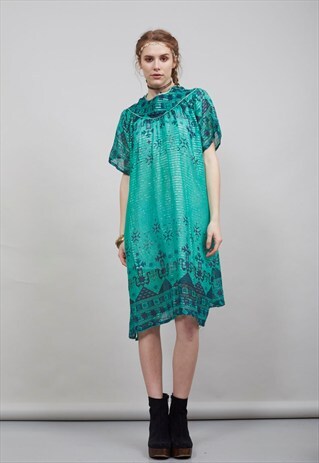 70'S SHAMROCK GREEN GEOMETRIC PATTERN INDIAN BOHO DRESS
