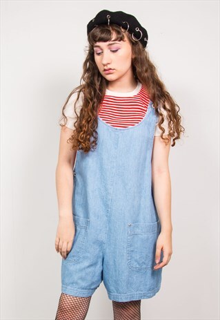 VINTAGE 90'S BLUE STRIPED DENIM DUNGAREES PLAYSUIT
