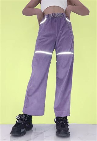 REFLECTIVE CORDUROY WIDE LEG PANTS - PURPLE