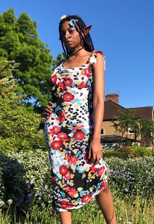 ASYMMETRICAL FLORAL DRESS WITH ADJUSTABLE RUCHING