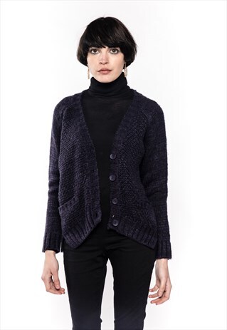NAVY COLOR CABLE HEAVY KNIT FRONT POCKETS CARDIGAN