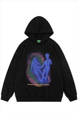 Thermal print hoodie psychedelic pullover grunge top black