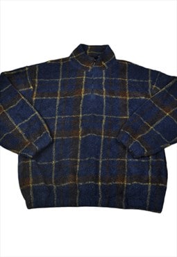 Vintage Fleece 1/4 Zip Checked Pattern Blue XL