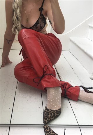 VINTAGE 80S HOT RED REAL LEATHER HIGHWAISTED TROUSERS